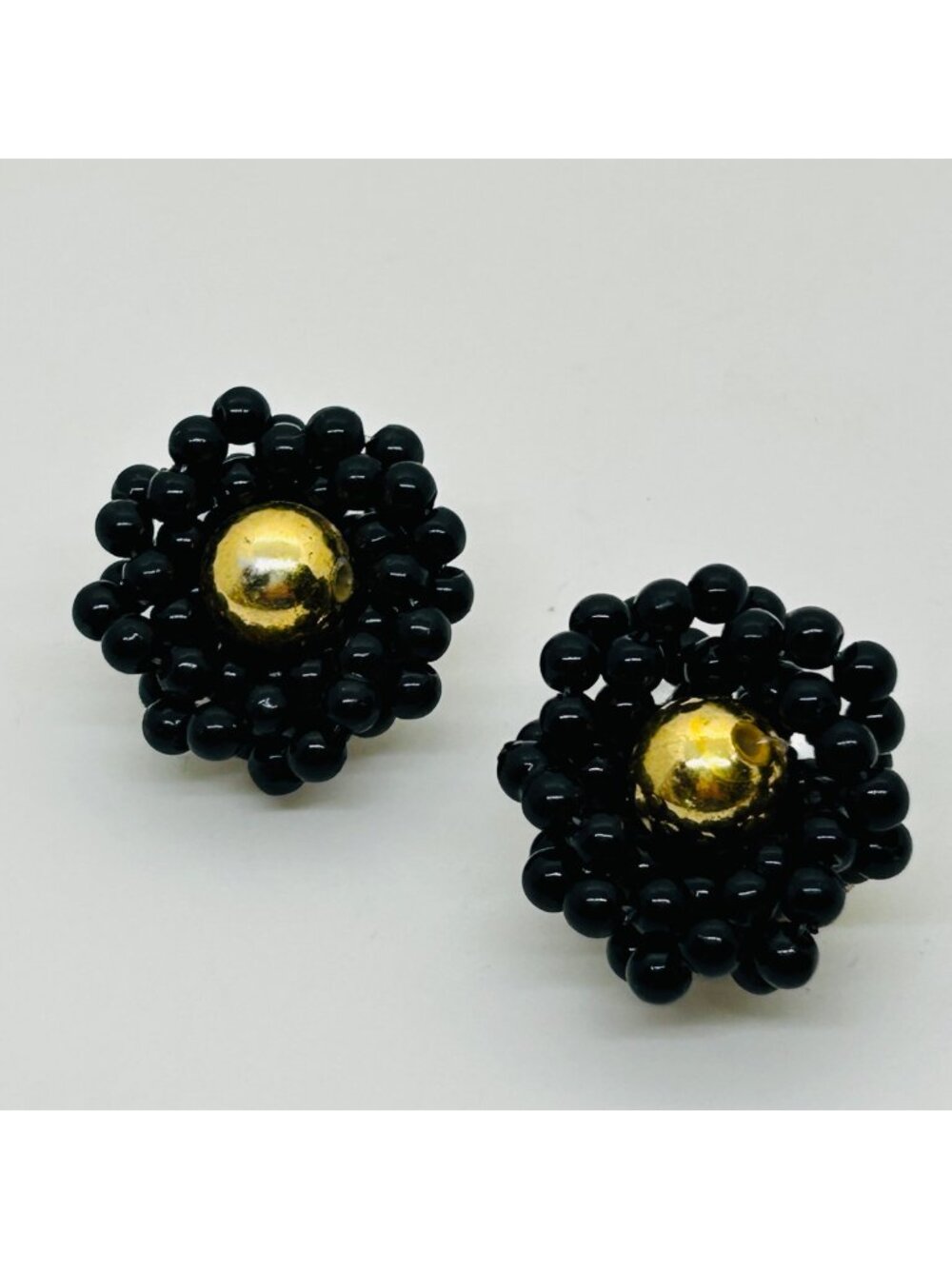 Black Beaded Flower Cluster Clip-On Earrings Gold Tone Center Statement Vintage